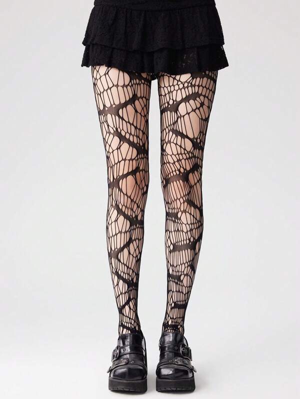 1pc Women Plus Size Hollow Out Ripped Asymmetrical Tight Pants/Pantyhose/Stockings, Sexy Distressed Leggings With Vintage Ripped Design For Clubbing, Party, Daily Outfit