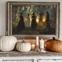 1 pieza, Arte de pared de lienzo de Halloween, Impresión de arte de pared de bruja vintage, Descarga de arte de pared de estilo melancólico, Decoración de estilo rural de arte oscuro, Adecuado para otoño, Halloween, Temporada de fantasía y terror, Decoración de bruja