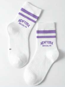1pair Kids' Double-bar Letter Design Sports Mid-calf Socks