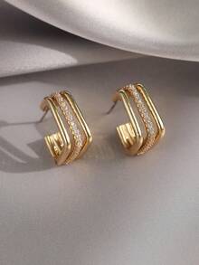 1pair Fashionable Cubic Zirconia Decor Geometric Cuff Hoop Earrings For Women For Daily Decoration - Yellow Gold - View 2