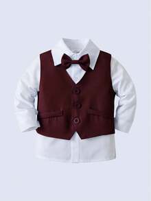 3 pezzi Completo da Gentiluomo per Ragazzi Giovani - Camicia Bianca con Papillon, Gilet Bordeaux e Pantaloncini, Alla Moda e Adatto per Feste di Compleanno, 1° Compleanno, Matrimoni, Occasioni Formali - Bordò - Visualizzare 5