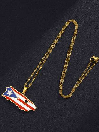 1pc Fashion Puerto Rico Stainless Steel Map Necklace, Simple Temperament Personalized Necklace Sweater Chain, Unisex Jewelry, Can Be Matched With Your Daily Clothing