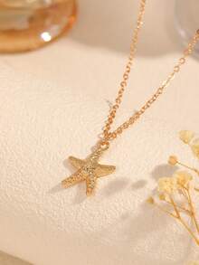 1pc Simple Gold-Color Starfish Ocean Beach Vacation Style Pendant Necklace For Women - Star - View 2
