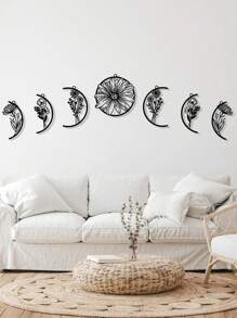 7 件波西米亚风格花卉月相金属墙饰，波西米亚风格家居装饰，高架床饰，花卉月亮墙饰，乔迁礼物，黑色
