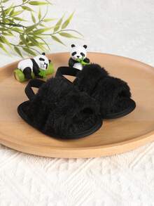 1 Pair Girls & Boys Thermal Lined Elastic Band Slip-On Design Infant Toddler Sandals & Slippers Slippers, Winter - Black - View 4