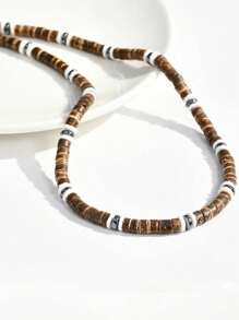 1pc Beach Style Personalized Hip-Hop Coconut Wooden Bead Necklace, Suitable For Men To Wear On Any Occasion