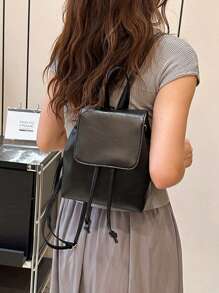 South Korea Large Capacity Pu Backpack Niche Simple Literary Style Bunches Drawstring Backpack Classic Holiday Travel Office Workers Suitable For Bags - Black - View 9