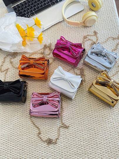 حقيبة كتف صغيرة للفتيات المراهقات مزينة بسلسلة وربطة شريط بنمط ليزري عصري، حقيبة يد صغيرة