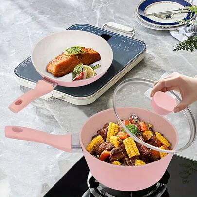 1 pieza/2 piezas Juego de utensilios de cocina antiadherentes color rosa, sartén, olla, sartén para panqueques, mini lindo