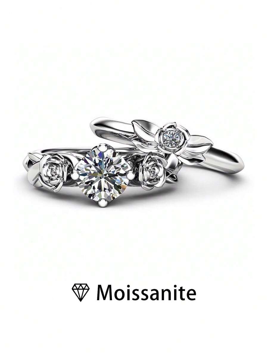 1pc Women's Wedding Ring, Stacking Rose Flower Ring, 5.2g Pure S925 Silver, 1.5 Carat Moissanite, Bohemian Palace Style, Engagement, Wedding, Anniversary, Valentine's Day Gift, With Moissanite Certificate And Deluxe Gift Box
