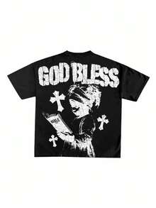 Streetwear Faith Cotton Shirt - Oversized 'GOD BLESS' Design With Cross Motifs, Suitable For Men And Women, The Best Gift For Summer Casual Short Sleeved T-Shirt - 黑色 - 查看 2