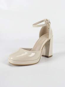 秋冬女士杏色方头玛丽珍鞋，防水厚底，粗跟，水钻搭扣，镂空设计，时尚性感礼服鞋，优雅派对鞋 - 奶油色 - 查看 8