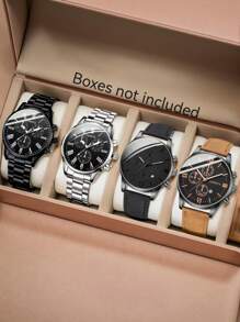 4 件男士时尚休闲商务混合刻度带日历功能圆形表盘石英表组合套装适合日常佩戴或节日送礼