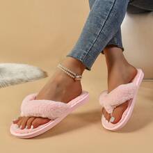 Women's Fluffy Thong Slippers, Comfortable Furry Flip Flops, Minimalist Fuzzy Lining Beach Vacation Sandals, Pink Indoor Bedroom Slippers - Pink - View 7