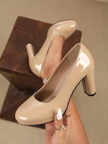 女士漆皮厚底高跟鞋，舒适优雅的办公工作鞋，圆头厚底厚跟鞋，米色，适合春秋季通勤穿着。 - 杏色 - 查看 3