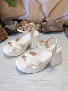 女士时尚搭扣水钻吊坠高跟鞋粗底交叉带升级皮革露趾粗跟凉鞋 - 米色 - 查看 7