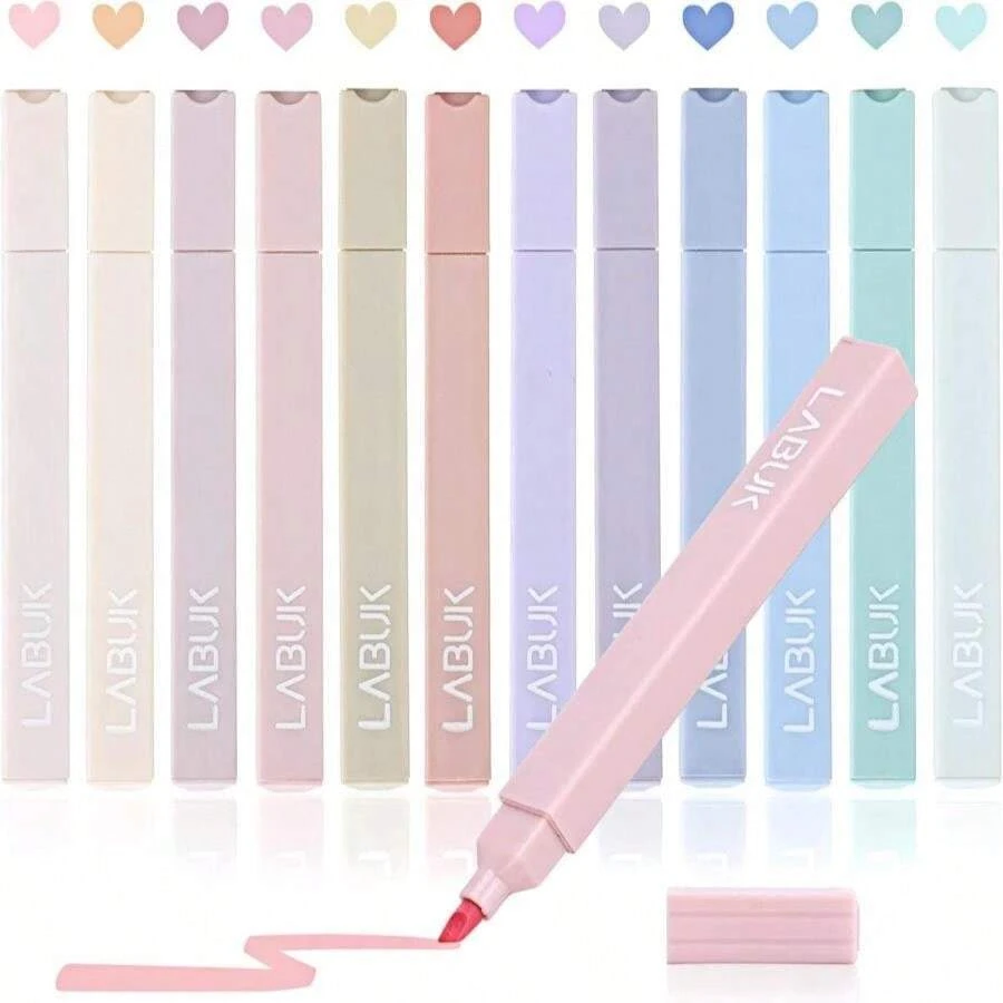 LABUK 12pcs Pastel Highlighters Aesthetic Cute Bible Highlighters And Pens No Bleed, With Mild Assorted Colors, Dry Fast Easy To Hold For Journal Planner Notes School Office Supplies