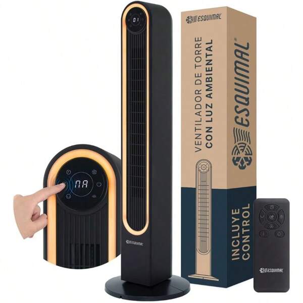 Ventilador de Torre 106 cm con Luz Led Ambiental 60W Pantalla Táctil con Temperatura, Oscilante 150°, 3 Velocidades, Temporizador 9 hrs y Control Remoto