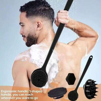 4pcs Silicone Body Brush Set - Includes: 1 Long Handle Back Scrubber, 1 Short Handle Shower Brush, 1 Hair Washing Brush And 1 Face Cleansing Brush. Non-Electric Handheld Body Brush/Face Brush, Non-Slip Handle, Strong Cleaning Power, Soft Bristles, Can Clean And Massage All Parts Of The Body. Cleaning Tool, Massage Tool