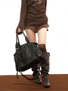 女士时尚街头朋克复古单肩包，大容量Y2K机车包，纯素皮革城市通勤包，可拆卸肩带斜挎包，适合日常使用和聚会，节日送礼佳品 - 黑色 - 查看 2