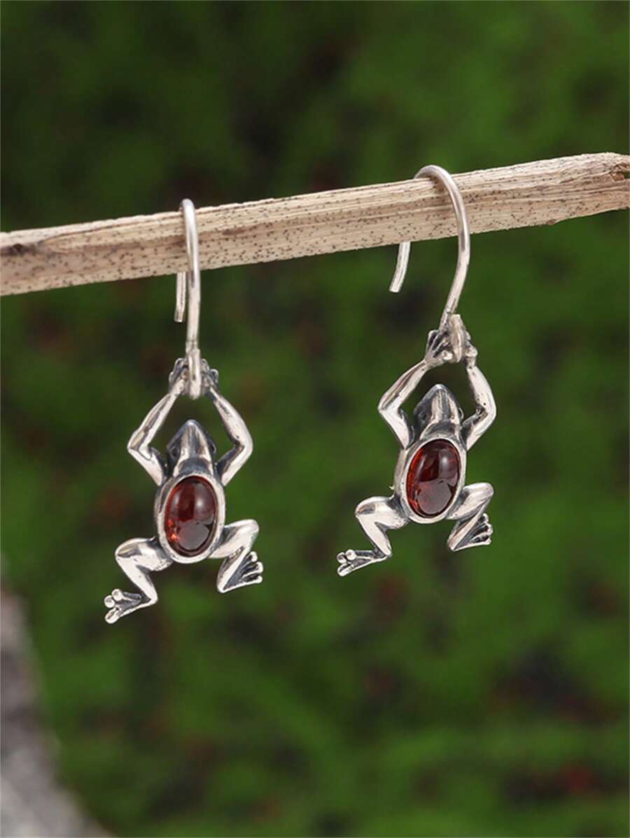 1 对时尚创意独特方晶锆石青蛙形耳环，休闲派对珠宝礼物，情侣/情人节礼物，时尚 - 耳環 - 查看 1