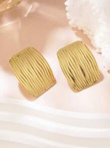 1 对不锈钢方形竖条纹几何夸张耳环，欧美复古高端奢华别致时尚耳环 - 金色 - 查看 4