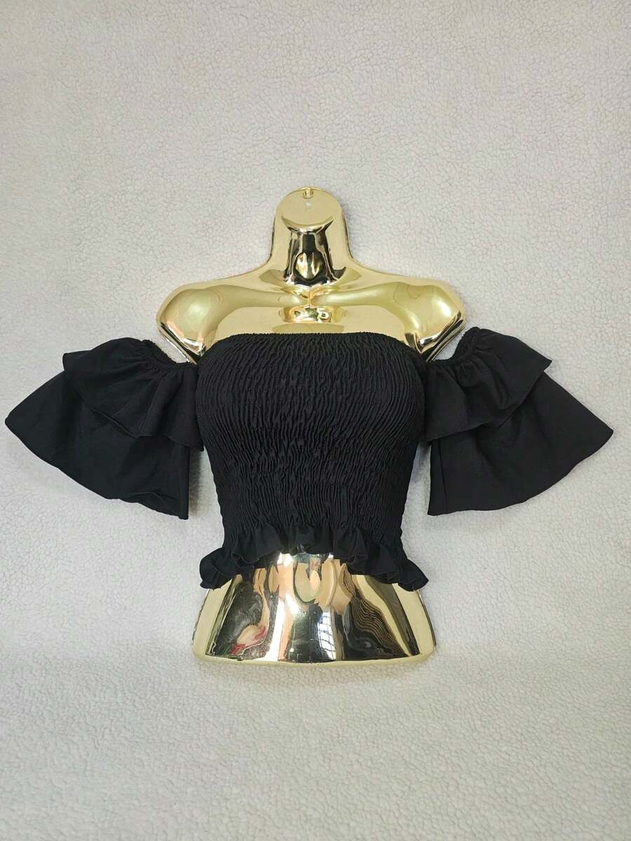 Simple Ruffle Hem Pleated Gathered - Black - View 1