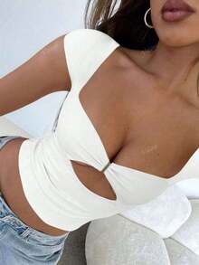 Women's Cropped Slim Top With Front Cutout Summer Tecico Suplex Blouse - trắng - Xem 5