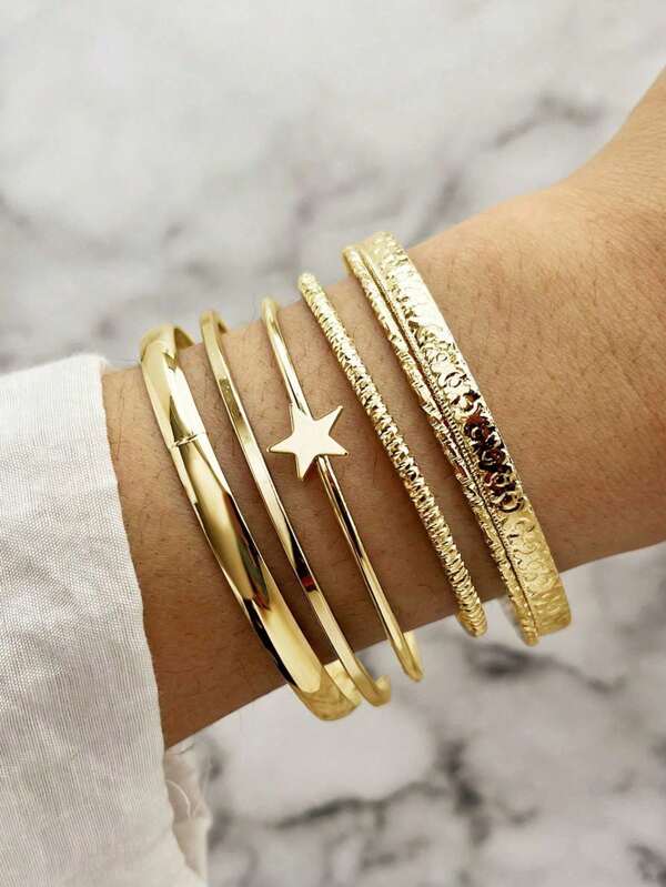 5pcs/Set Retro Personalized Exaggerated Open Star Bracelet Set, Smooth Asymmetrical Bangle Cuff Bracelets