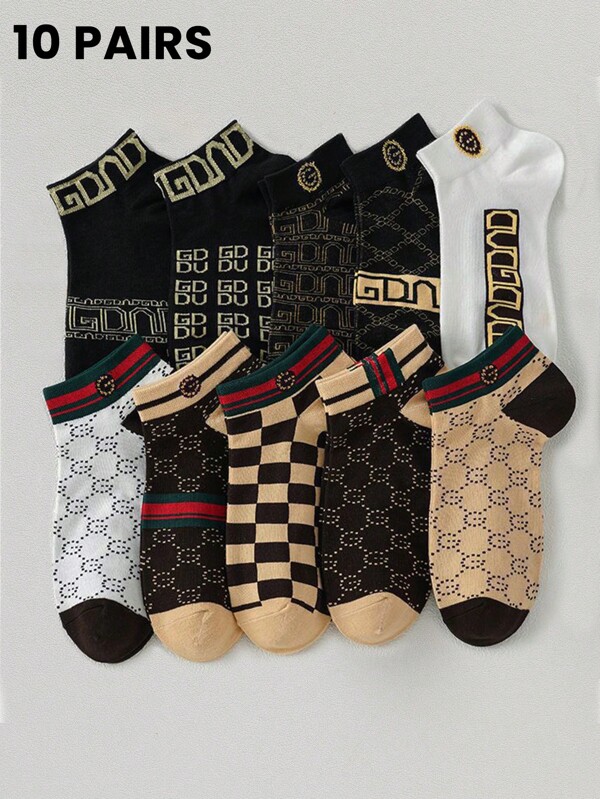 10 Pairs Men's Letter Graphic Short Socks, Odor-Resistant, Moisture-Wicking, Fashion Boat Socks For Casual Daily Wear, Spring/Summer