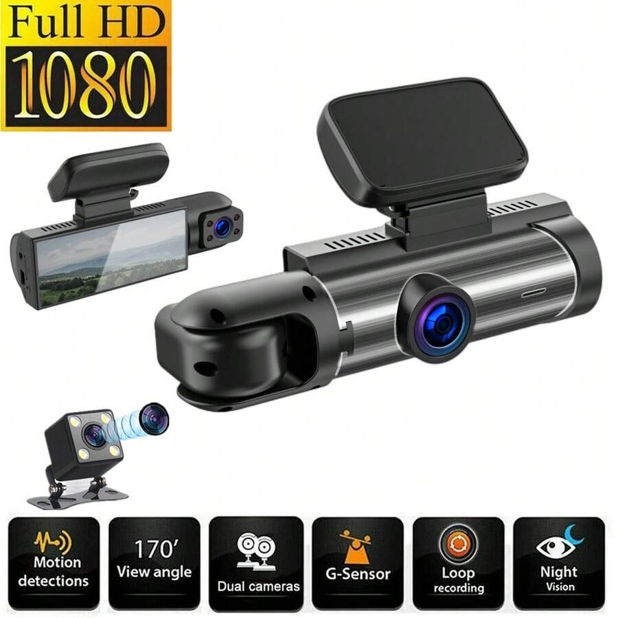 全新 1080P 高清 IPS 屏幕双镜头车载 DVR 带夜视功能,金属机身 - 1080P+32G - 查看 1