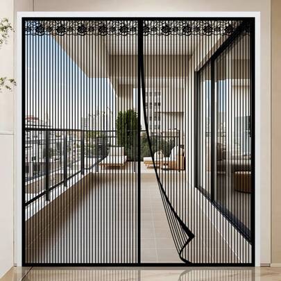Summer Black Striped Home Mosquito Net Door Curtain, Anti-Mosquito Curtain For Bedroom, Dustproof Mesh Door Curtain Without Punching For Living Room, Kitchen, Office, Breathable Insect Curtain With Special Size