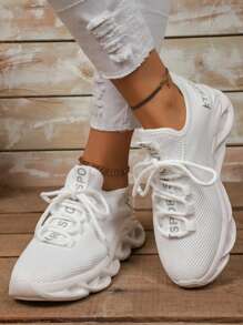 女士纯色休闲运动鞋，网眼透气，舒适软底，跑步鞋，女士白色运动鞋