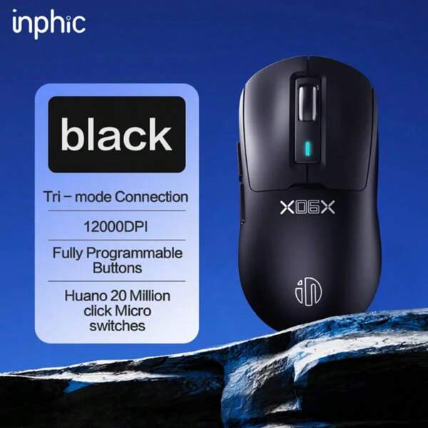 inphic Ratón inalámbrico de juegos inteligente Inphic con 3 modos, cables, bluetooth, inalámbrico, esports, liviano, ergonómico, configuración de macros, 12000 DPI, 1000 Hz, sensor PAW3311, compatible con PC, portátil y tableta