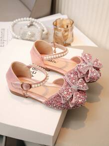 1 Pair Girls Princess Bow Rhinestone Teddy Bear Casual Versatile Flat Sandals, Open Toe Beach Flat Sandals Suitable For Toddler/Kids/Little Girls