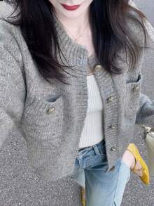 女士针织开衫，柔软舒适，优雅气质，春秋季 - 灰色 - 查看 4