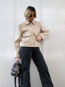 Women's Rice Pink Tweed Jacket Front Zip With Pockets Street Style Fall Winter Coat - Beige - View 7