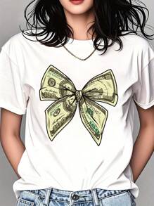 Stylish Bow Pattern Printing T-Shirt Cotton Casual Comfy Tees For Daily Wear, 220g