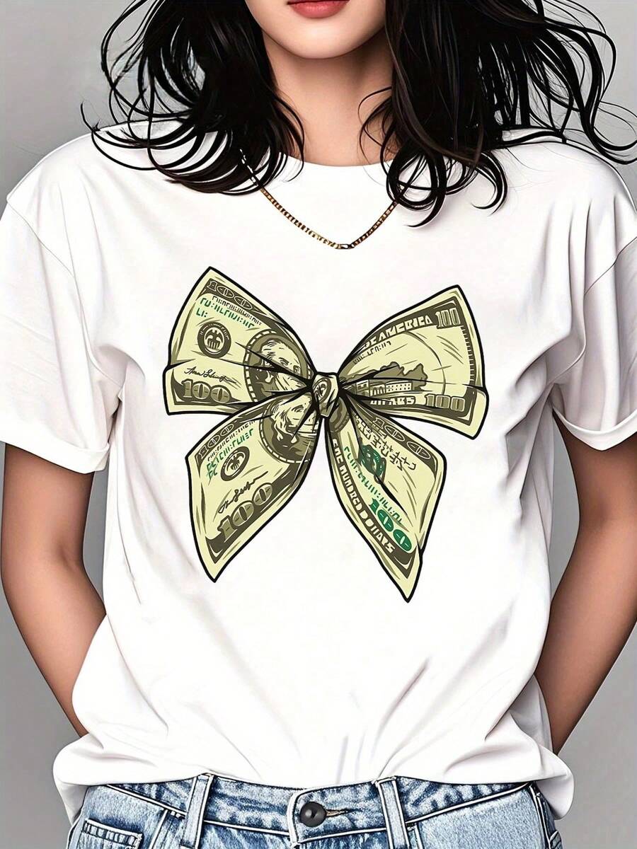 Stylish Bow Pattern Printing T-Shirt Cotton Casual Comfy Tees For Daily Wear, 220g