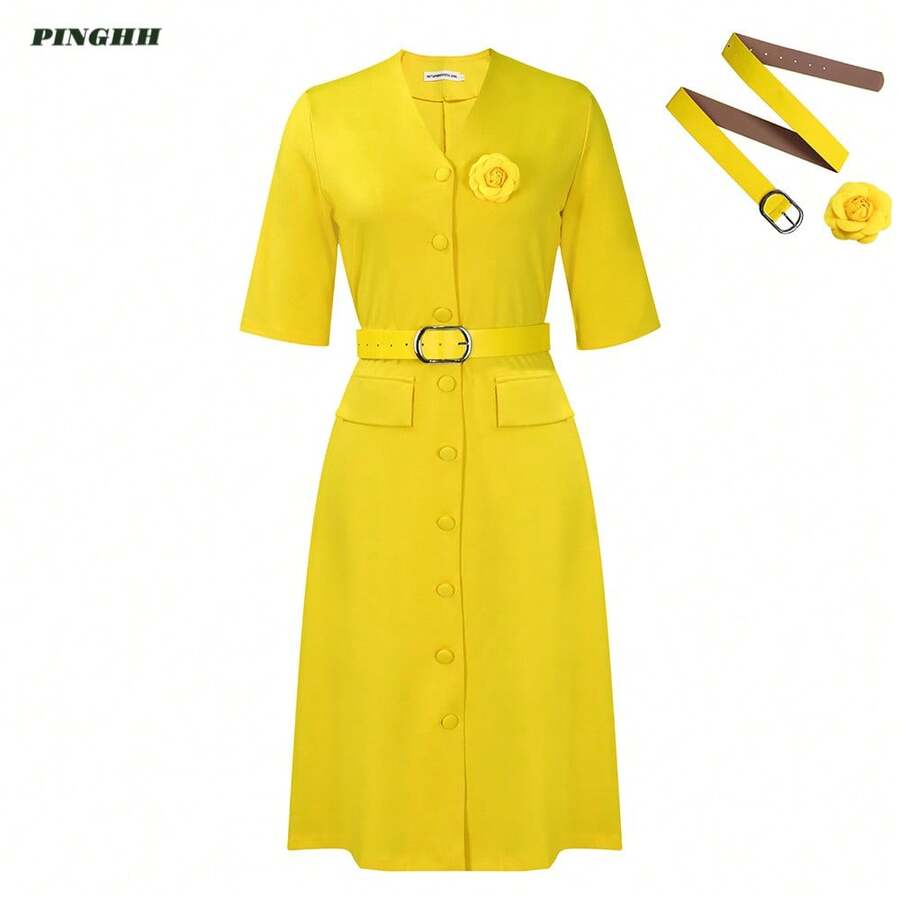 WOMEN'S Vintage Tea Dress, Short Sleeve Cocktail Party Dress Club Casual Dress - Yellow + Belt + Corsage - View 1