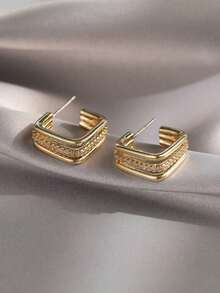 1pair Fashionable Cubic Zirconia Decor Geometric Cuff Hoop Earrings For Women For Daily Decoration - Yellow Gold - View 5