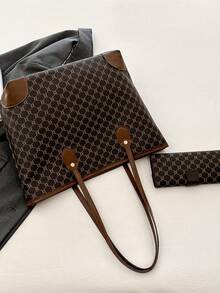 2 件套女士时尚提花托特单肩包和钱包套装，大容量，中年 - 棕色 - 查看 7