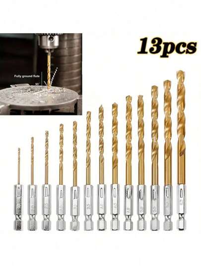 19/13pcs Titanium Coated Drill Bit Set (1/16"-1/4") With Hex Shank - 135° Tip, HSS Impact Bits For Wood, Metal & Plastic DIY Projects, Quick Change Design Titanium-Coated Drill Bit Set (1/16"-1/4") With Hex Shank - Quick Change, 135° Tip For Wood, Soft Metal & Plastic