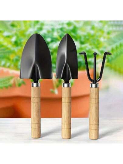 3-Piece Garden Tool Set With Wooden Handles - Durable Metal Trowel, Shovel And Fork - Perfect For Gardening And Potting, Soil Cultivating | Countryside Garden Tools | Wooden Handle Tools, Back To School