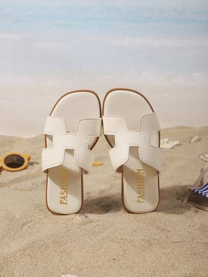 1 Pair Plain Leather Toddler/Little Girls' Flat Slide Sandals, Simple Adjustable Strap Round Toe Open Toe Fashion Elegant Cute Roman Sandals, Suitable For 3-12 Years Old Girls Daily Casual Vacation Beach, Spring/Summer 2025