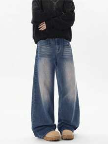 1 chiếc quần jeans nam dáng rộng, thời trang, kiểu vintage, ống rộng (không kèm thắt lưng hoặc phụ kiện) - Màu xanh hải quân - Xem 4