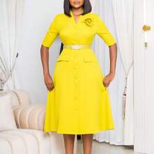 WOMEN'S Vintage Tea Dress, Short Sleeve Cocktail Party Dress Club Casual Dress - Yellow + Belt + Corsage - View 2