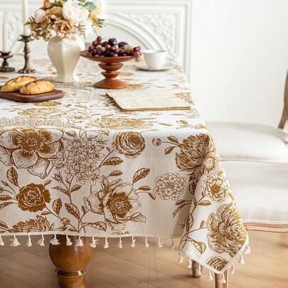 1 khăn trải bàn hình chữ nhật in hoa vàng, phong cách Bohemian, tua rua màu be, khăn trải bàn bằng vải polyester có thể giặt được, thích hợp cho nhà bếp, phòng ăn, tụ họp, dã ngoại, tiệc tùng, ngày lễ, lễ kỷ niệm, trang trí nhà nông, mọi mùa