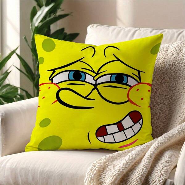 SPONGEBOB 1 Stück FUGGLER SpongeBob Schwammkopf Dekoratives Kissenbezug, quadratisches, leuchtendes gelbes Design, markante große Zähne, heilendes Lächeln, Reißverschlussschluss, einseitiges Muster ohne Füllung, 45cm*45cm, geeignet für Schlafzimmer, Sofa, Auto, Geburtstagsgeschenk.