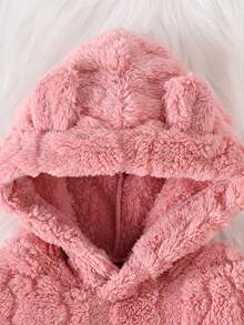 Baby Girls Warm Casual Set, Cute Rabbit Pattern Furry Hooded Jacket And Pants, Autumn/Winter - Pink - View 3